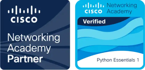 Insignias mostradas en el curso original: Cisco Networking Academy Partner y Python Essentials 1